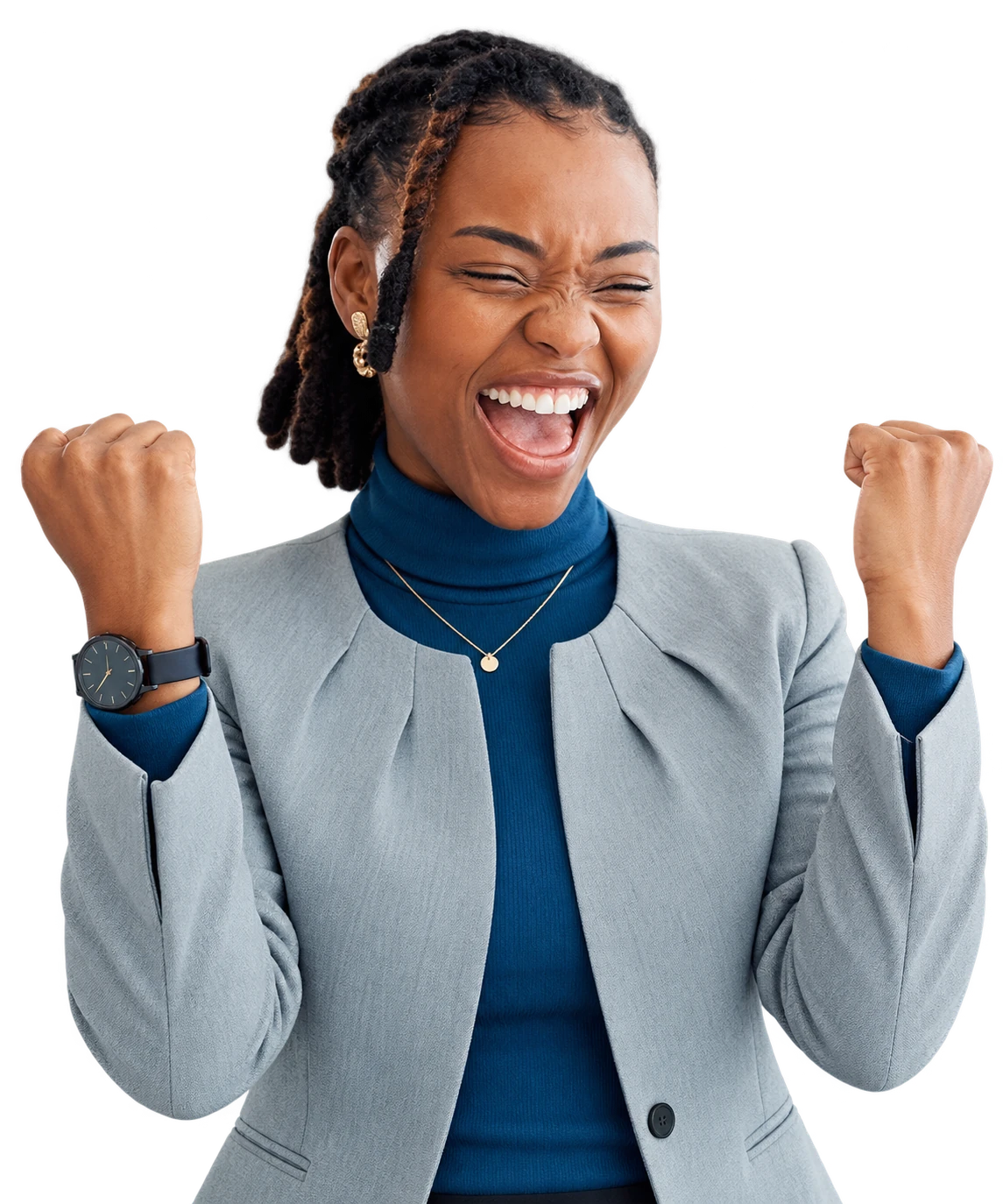 Businesswoman celebrating with both hands raised