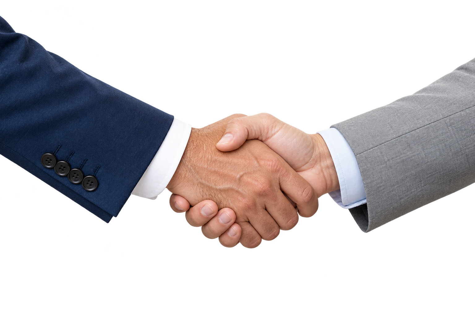 Two business partners shaking hands, wearing navy and gray suits.