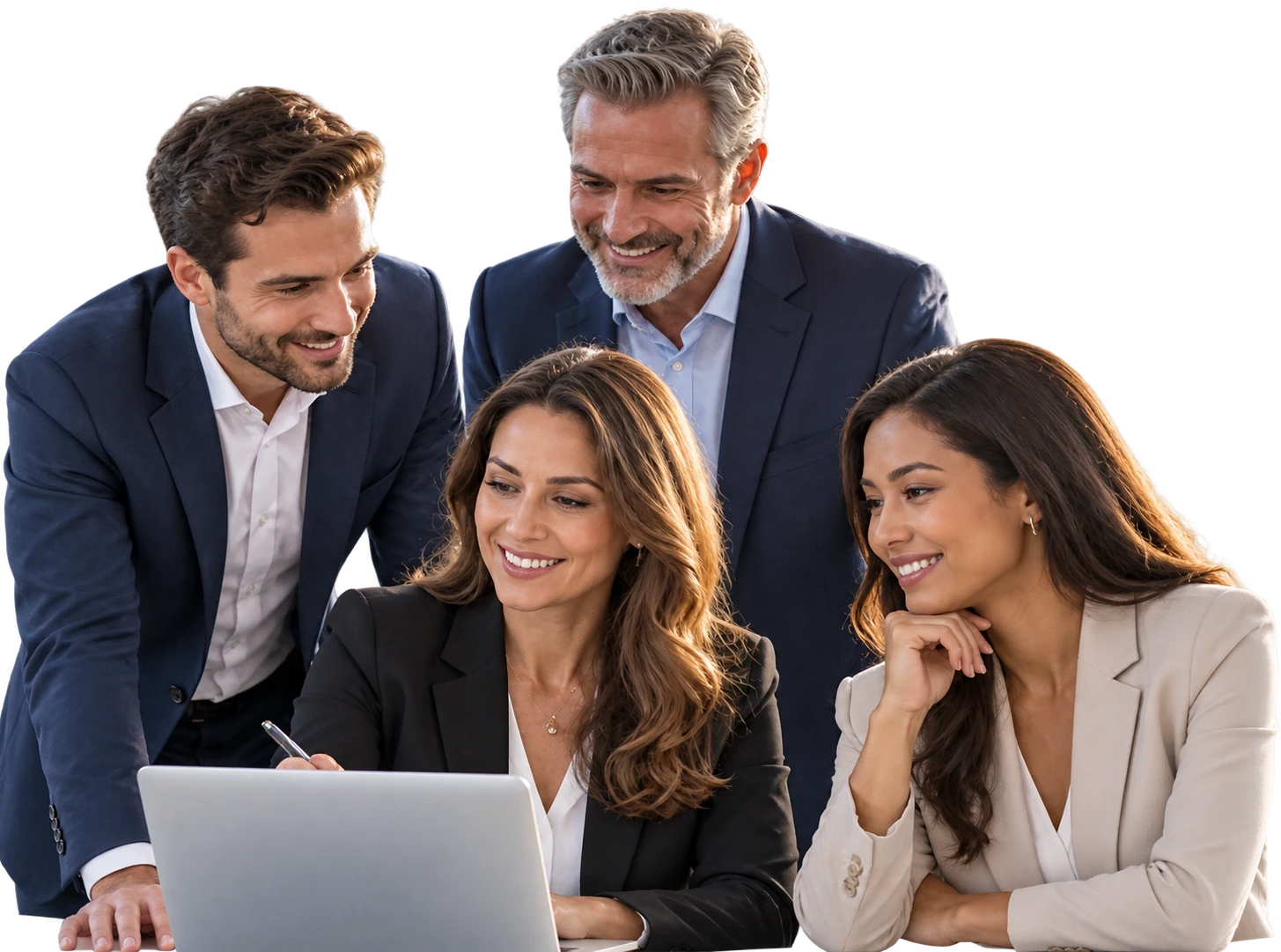 Four business professionals working together around a laptop