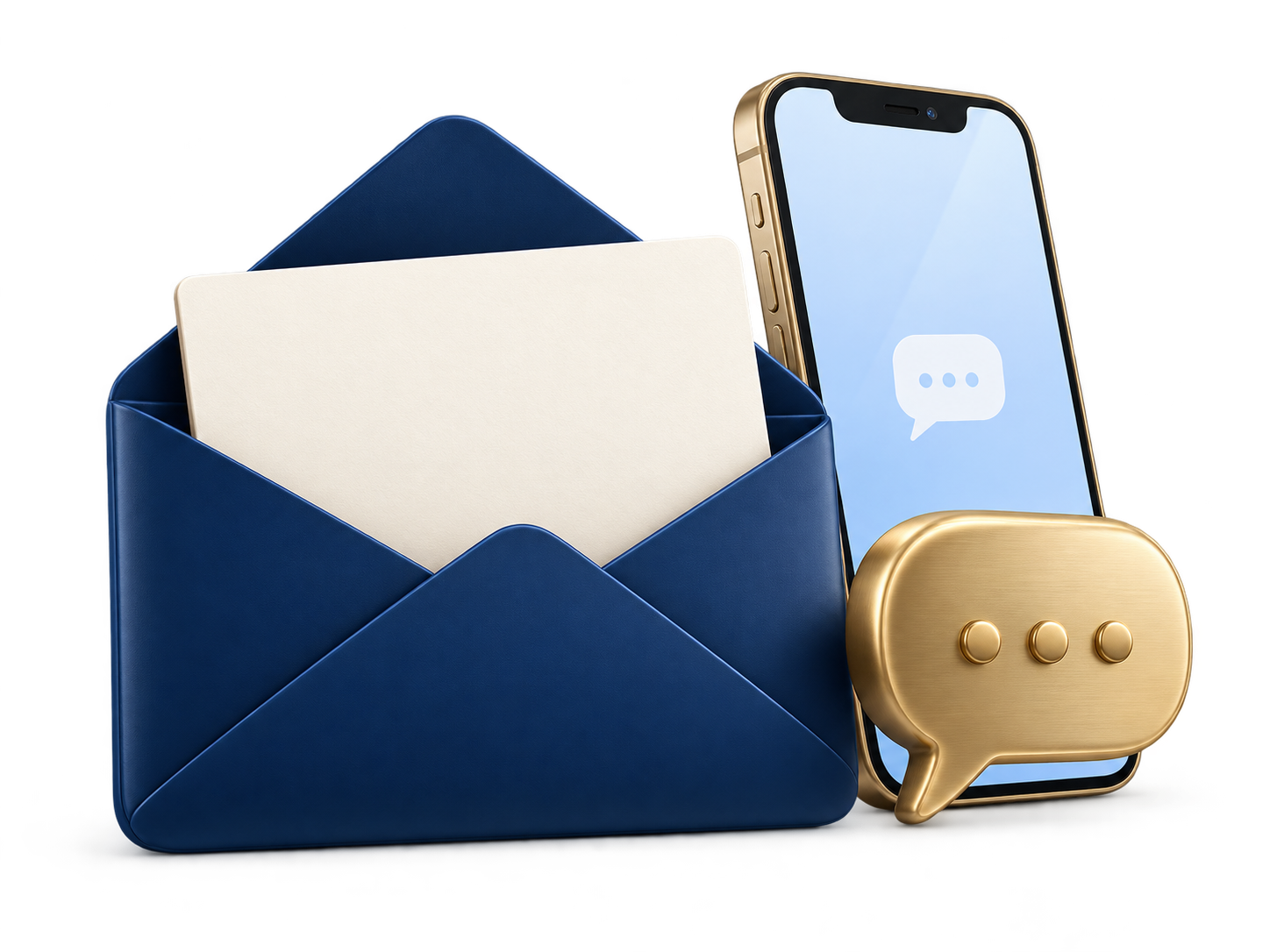 Navy envelope, blue phone, and gold message bubble.